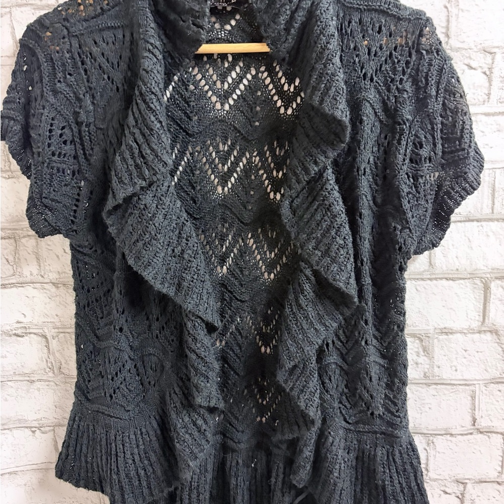 Ruffled Open-Front Knit Cardigan - Black
